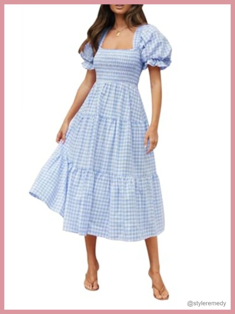 Boho Gingham Puff Sleeve Square Neck Midi Dress Fit Flare Summer Beach